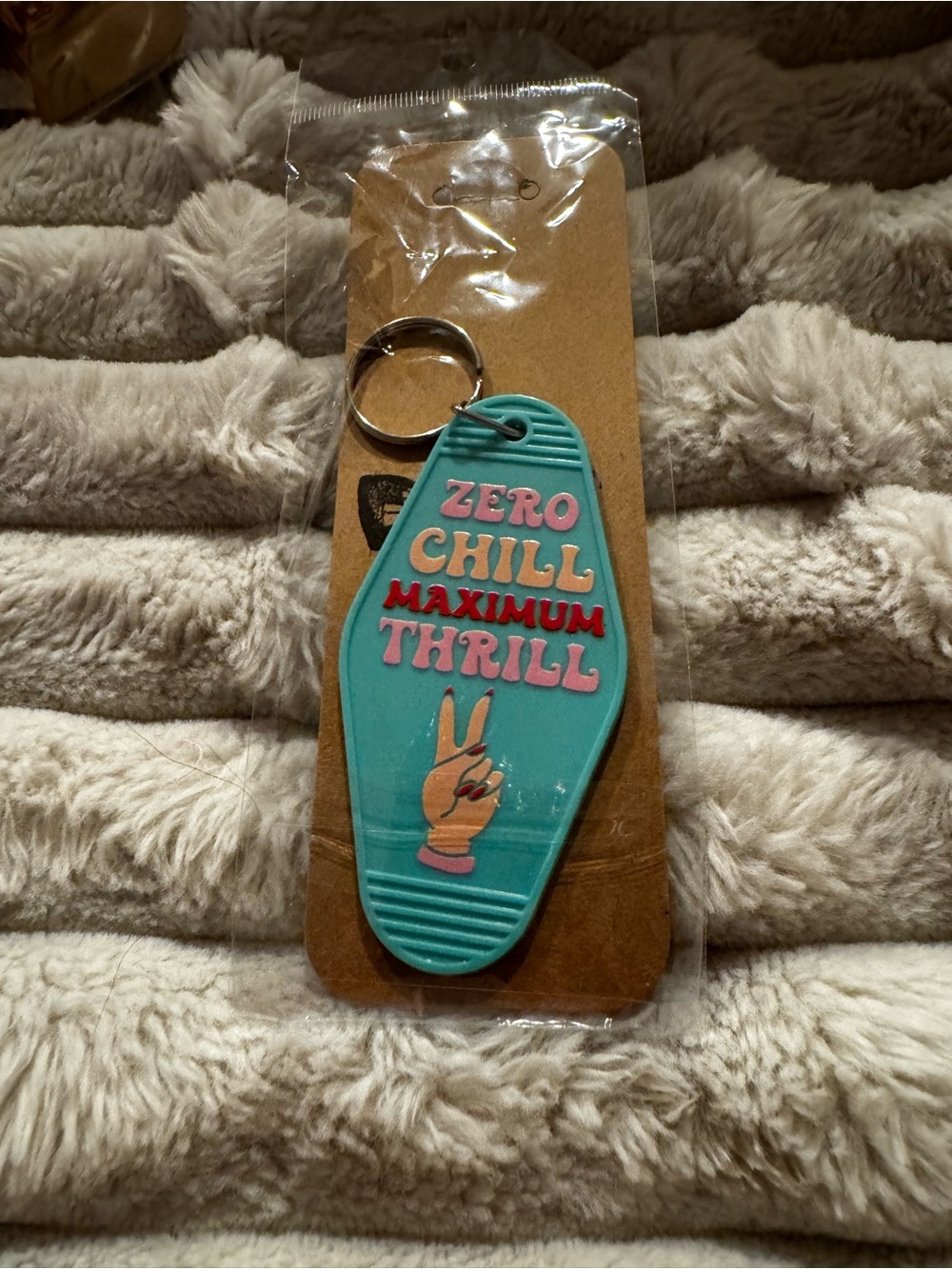 Turquoise 'Zero Chill Maximum Thrill' Hotel Keychain